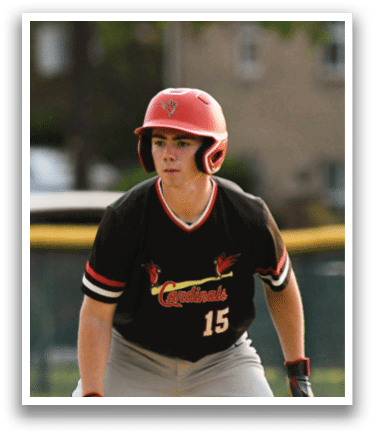 A baseball player wearing a red helmet and a black jersey with the number 15. Description generated by AI