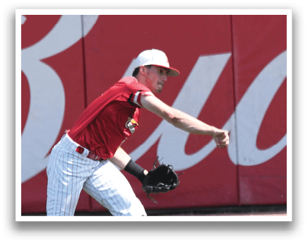 A baseball player in a red shirt and white pants is throwing a ball. Description generated by AI