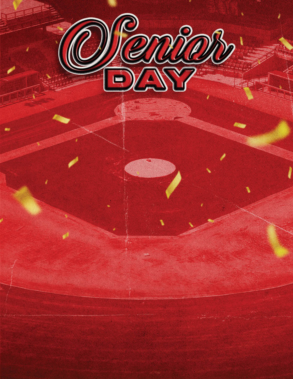 A red and white baseball field with the words “Senior Day" written in red. Description generated by AI