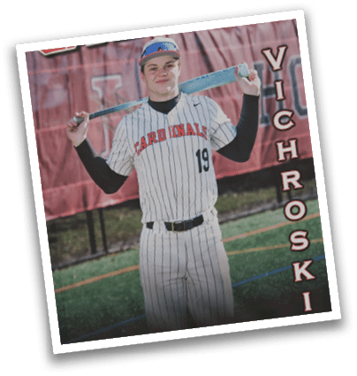 A baseball player holding a bat. Description generated by AI