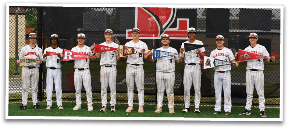 Baseball players holding up their college banners. Description generated by AI