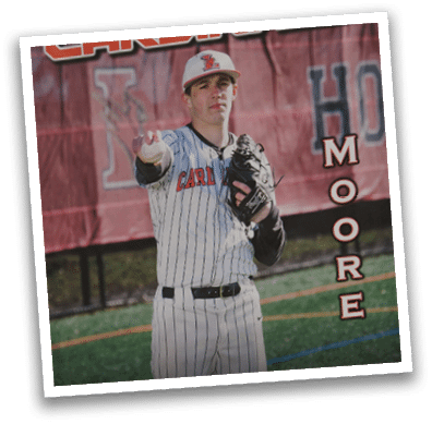A baseball player wearing a red and white striped uniform. Description generated by AI