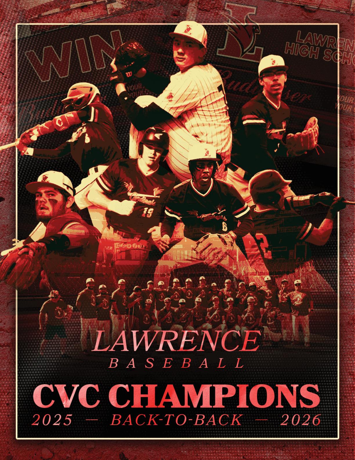 A red poster with a baseball team called the CVC Champions. Description generated by AI