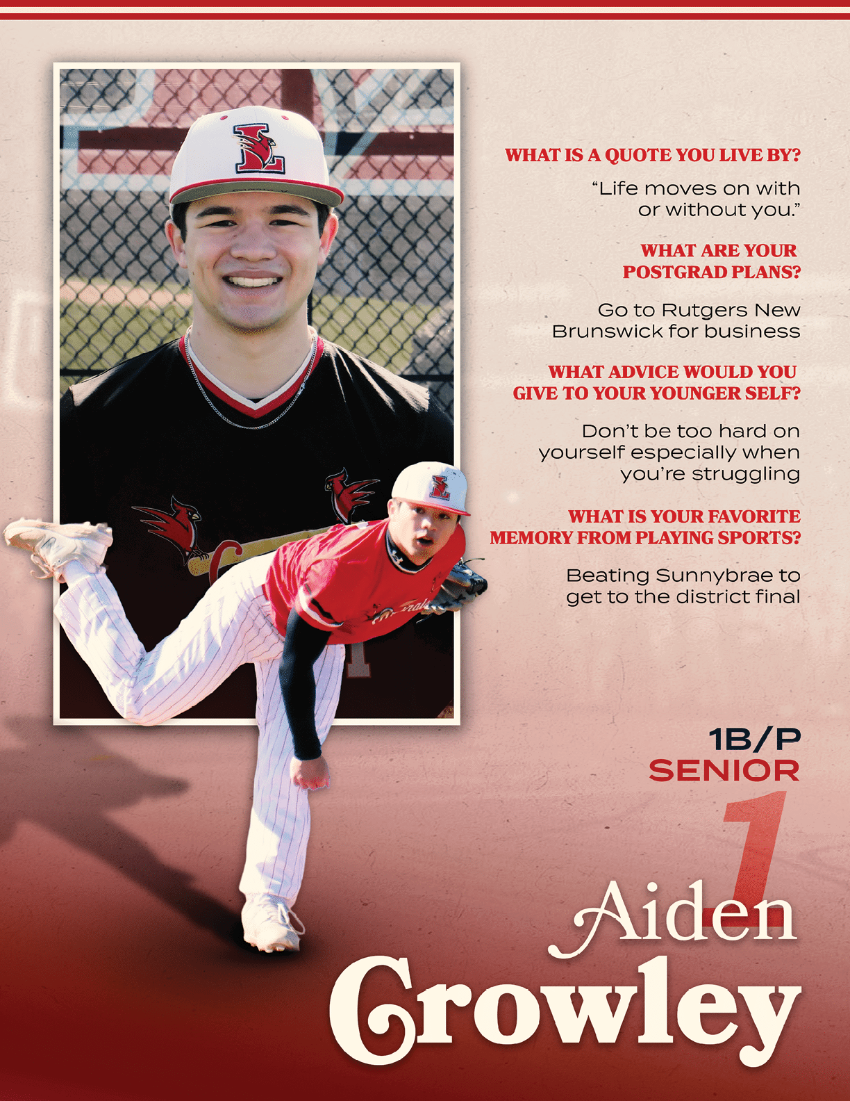 A baseball player posing for a picture. Description generated by AI