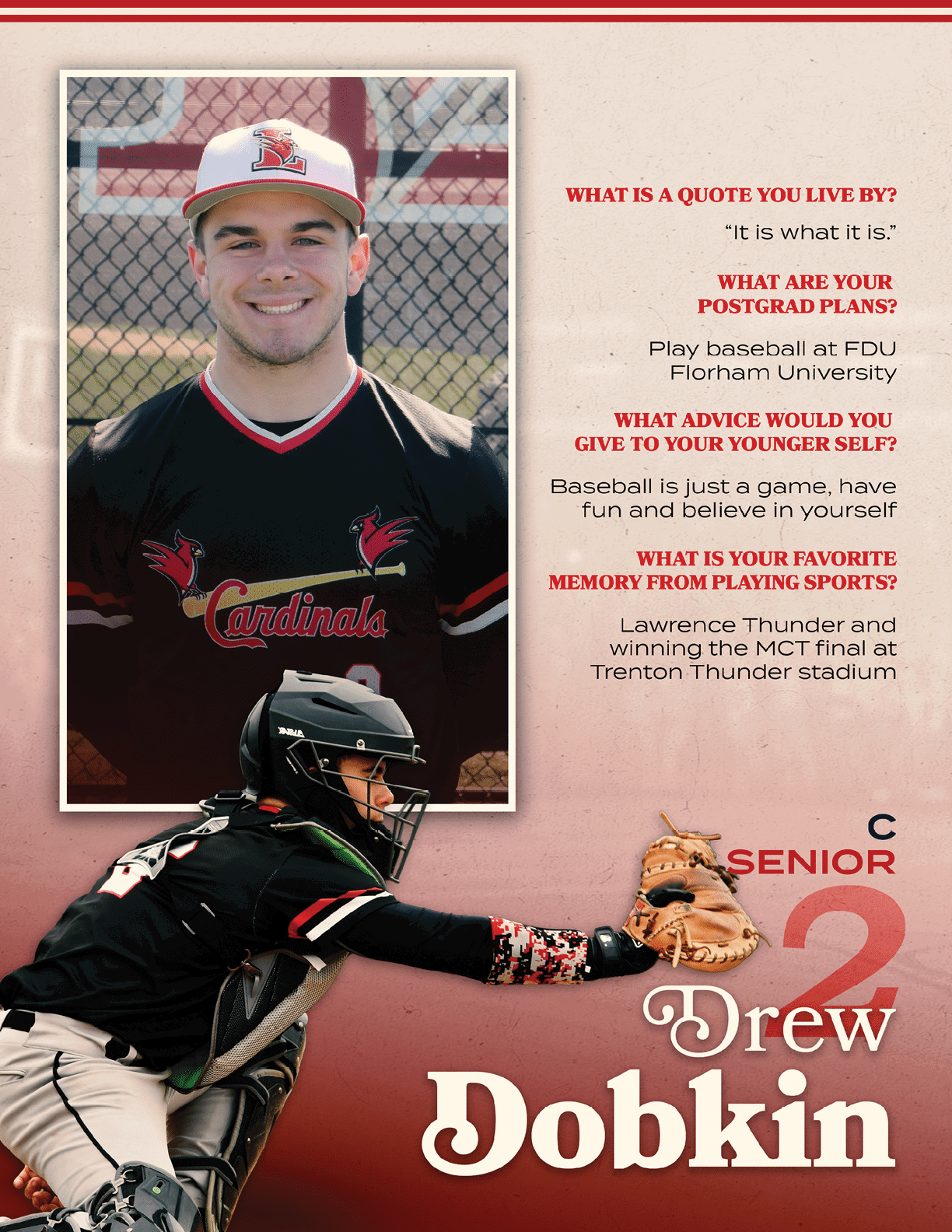 A baseball player named Drew Dobkin. Description generated by AI