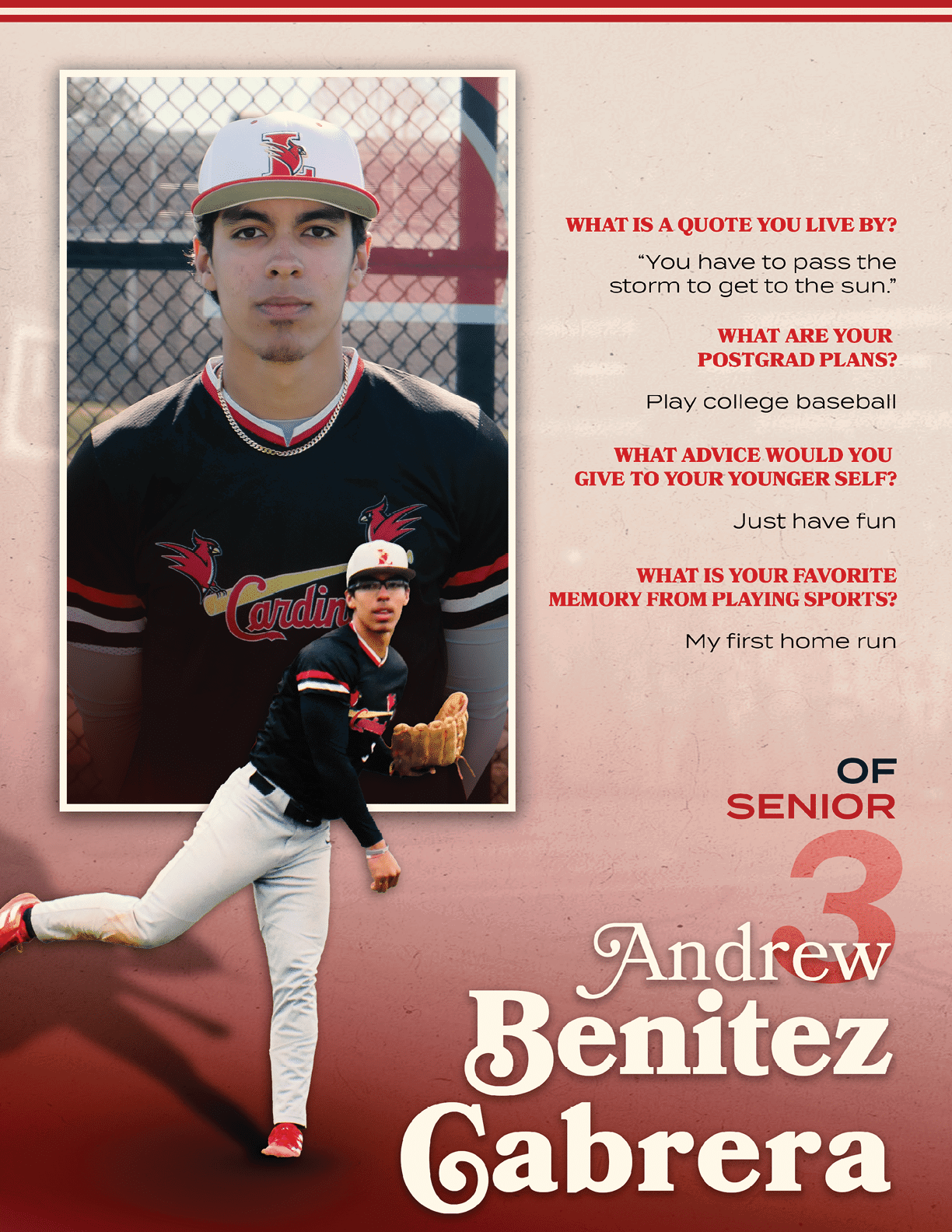 A baseball player named Andrew Benitez. Description generated by AI