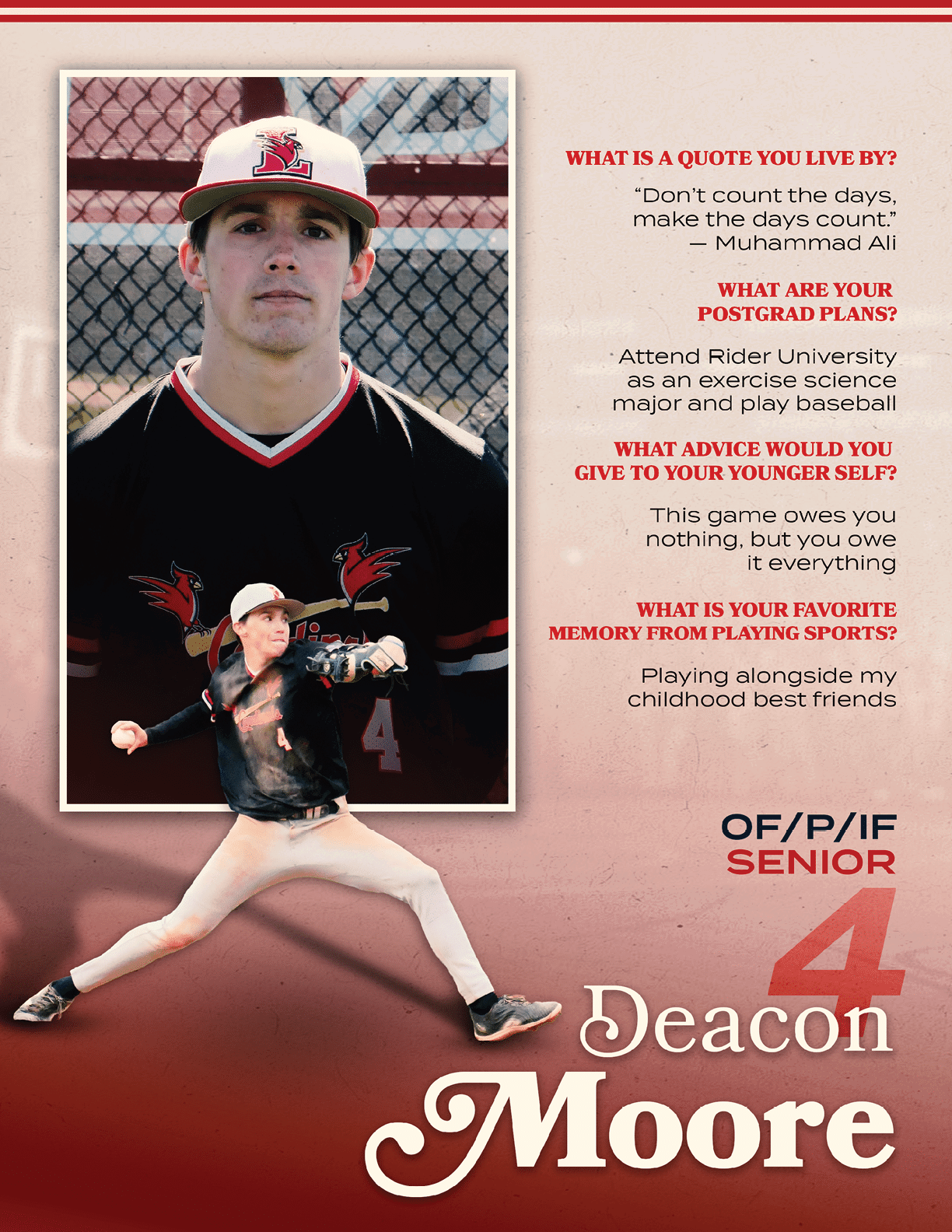 A baseball player posing for a picture. Description generated by AI