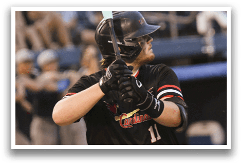 A baseball player holding a bat. Description generated by AI