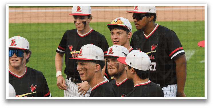 Baseball players wearing black and red uniforms. Description generated by AI