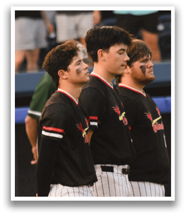 Three men wearing black shirts and white pants. Description generated by AI