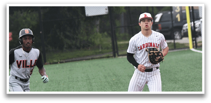 A baseball player wearing a red and white uniform. Description generated by AI