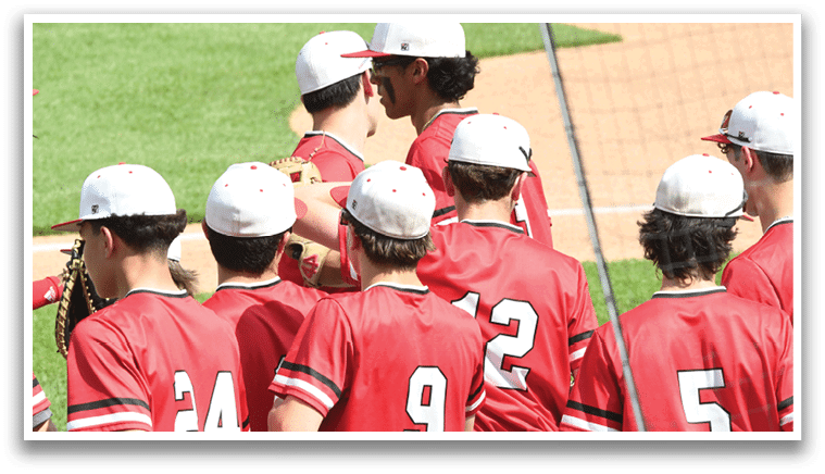 A group of baseball players wearing red shirts and white hats. Description generated by AI