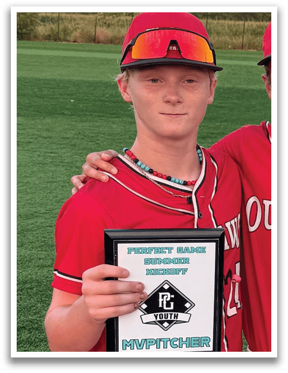 A young man wearing a red jersey holds a plaque that reads “Protect Our Pitcher". AI generated content