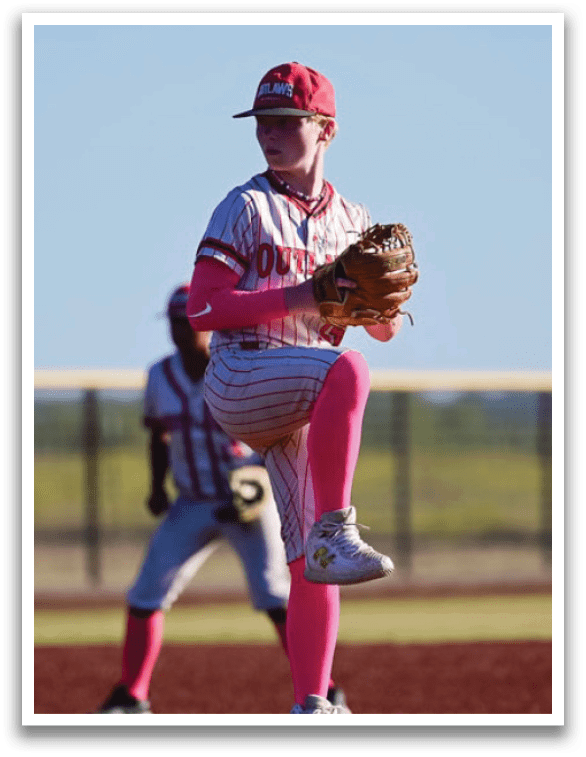 A boy in a red and white striped shirt and pink socks is pitching a baseball. AI generated content