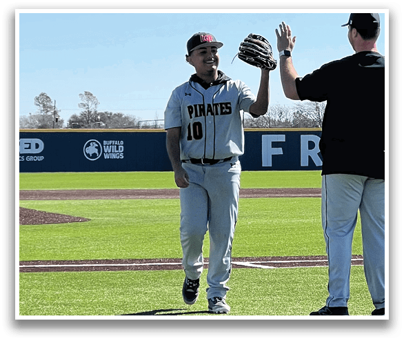 Two men are on a baseball field, one holding a baseball glove and the other giving a high five. AI generated content