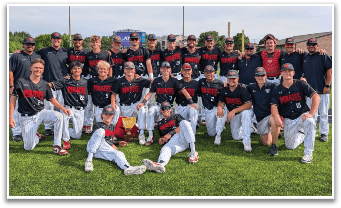 A group of young men in baseball uniforms pose for a photo on a field. AI generated content