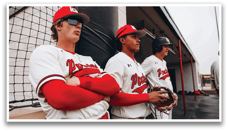 Three baseball players wearing red and white uniforms are standing next to each other, with two of them leaning on a fence. AI generated content