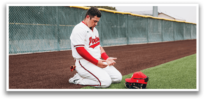 A baseball player is kneeling on the ground, holding a baseball glove and a hat. AI generated content