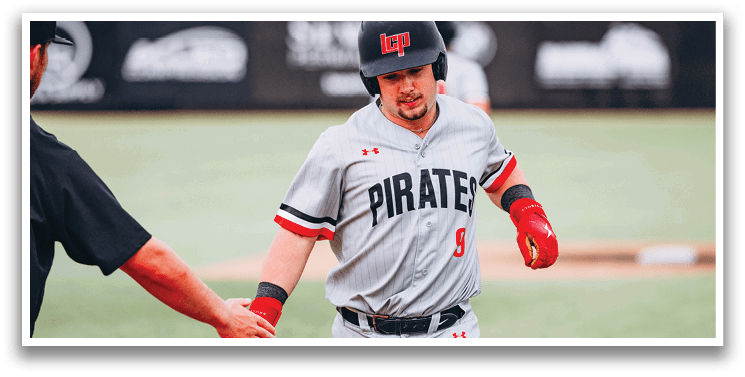 A baseball player wearing a grey jersey with the word “Pirates" on the front walks past an umpire. AI generated content