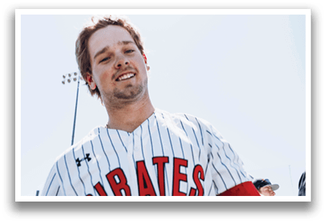 A baseball player wearing a Pirates jersey and red gloves. AI generated content