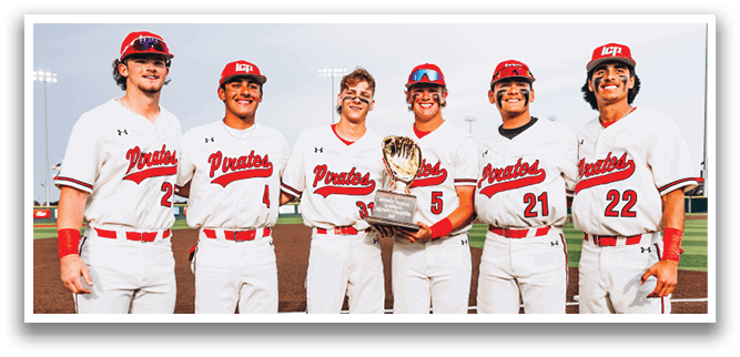 Baseball players from the team “Pirates" pose for a picture with their trophy. AI generated content