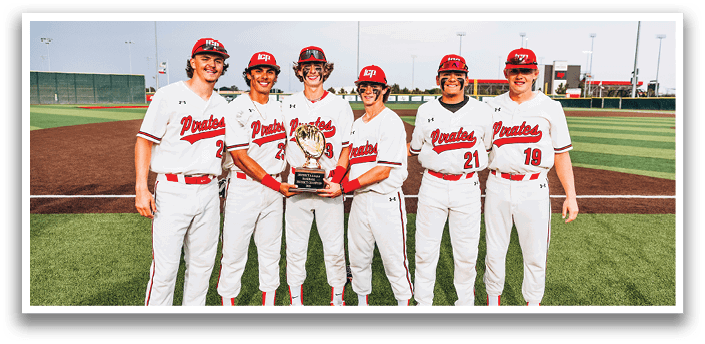 Baseball players pose with a trophy on a field. AI generated content