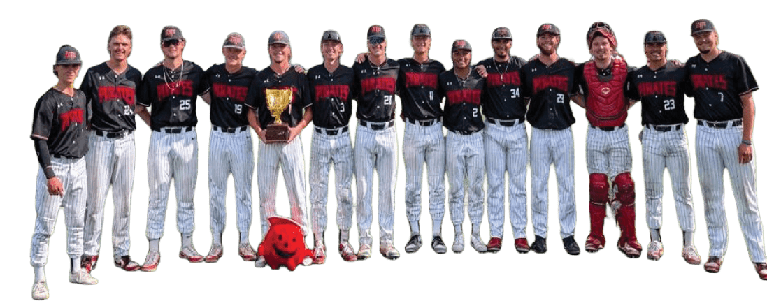 A group of young men in baseball uniforms pose for a photo with a trophy. AI generated content