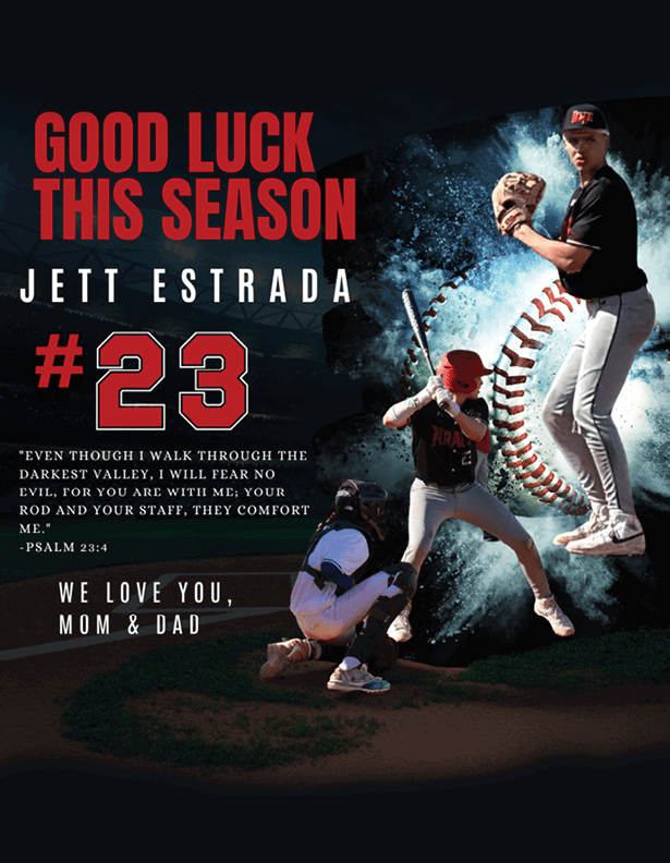 A baseball player named Jett Estrada is shown in a baseball uniform with a bat in his hand. AI generated content