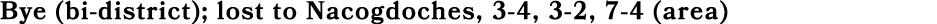 Bye (bi district); lost to Nacogdoches, 3 4, 3 2, 7 4 (area)
