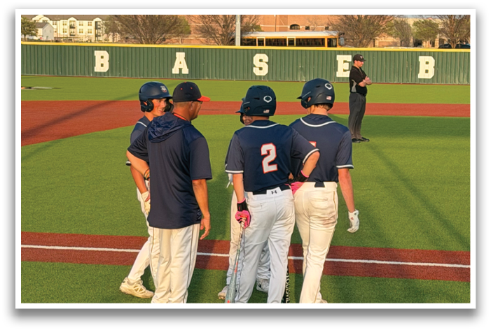 Three baseball players wearing blue and white uniforms are standing on the field. Contenido generado con IA