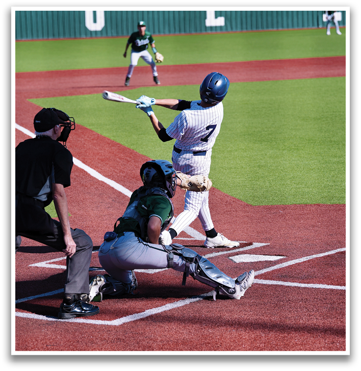 A baseball player is swinging a bat at a ball during a game. Contenido generado con IA