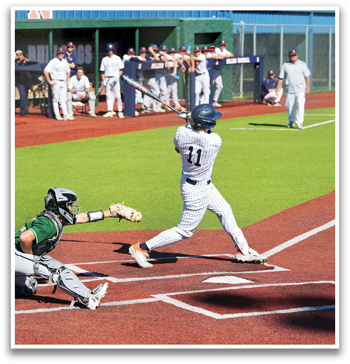 A baseball player is swinging a bat on a field, with several other players and a catcher nearby. Contenido generado con IA