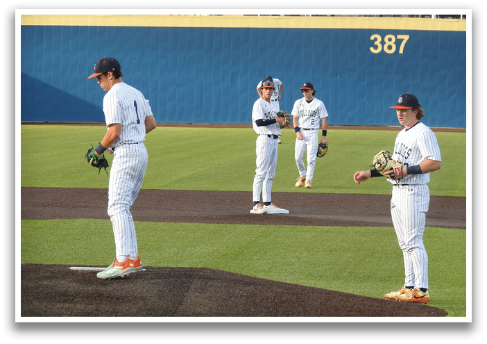 Baseball players standing on a field, one of them holding a baseball glove. Contenido generado con IA