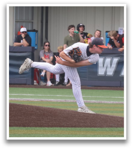 A baseball player is in the middle of a pitch, with his leg up in the air. Contenido generado con IA