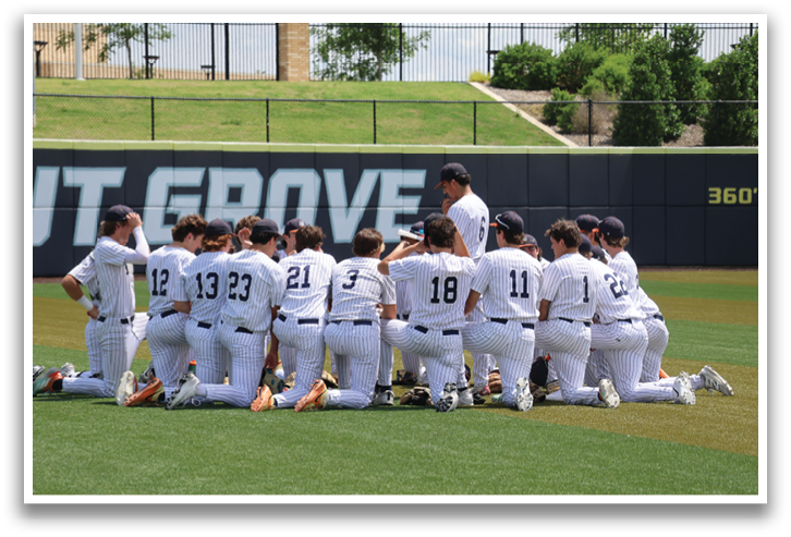 A group of baseball players are sitting on the grass, facing the same direction. Contenido generado con IA