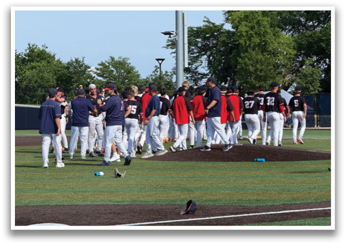 A group of baseball players are standing on a field, some of them wearing red and white uniforms. Contenido generado con IA
