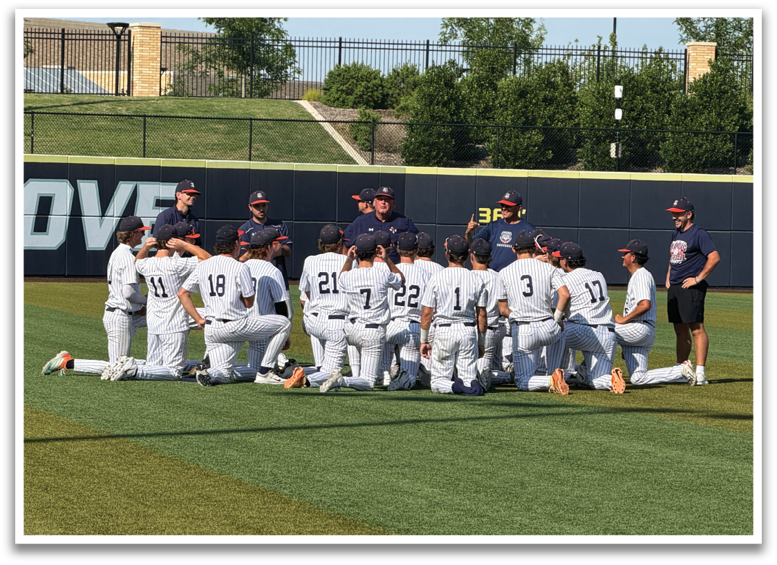 Baseball players in uniforms huddled together on a field. Contenido generado con IA