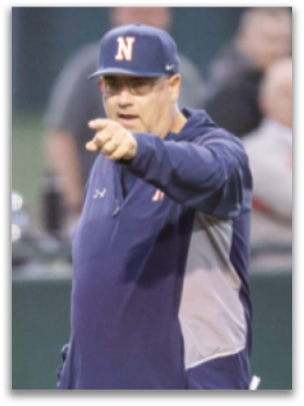 A man wearing a blue and white striped shirt and a blue hat is pointing at something. Contenido generado con IA