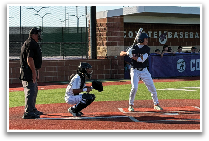 A baseball player is at bat, holding a bat and getting ready to swing. Contenido generado con IA