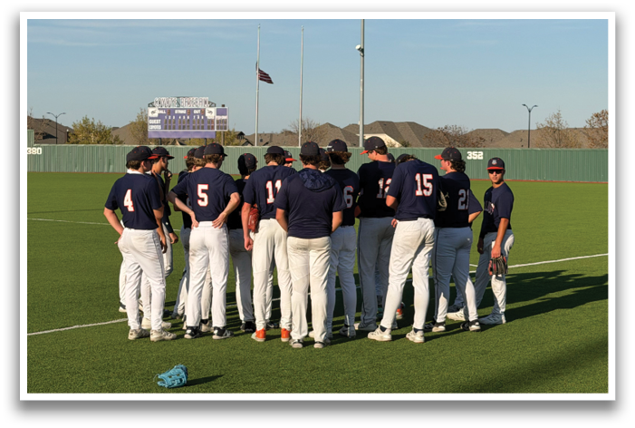 A group of baseball players huddled together on a field. Contenido generado con IA