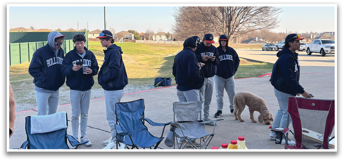 A group of people are standing around a cooler with a dog nearby. Contenido generado con IA