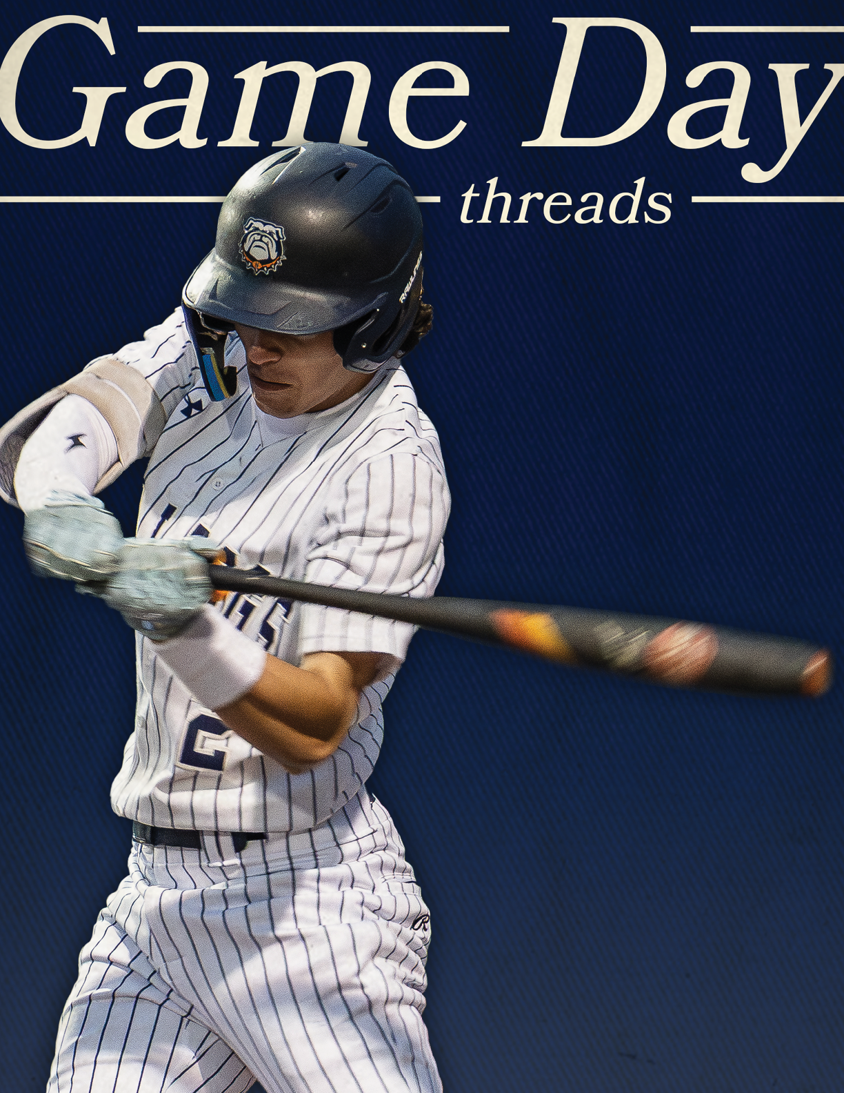 A baseball player in a white and blue uniform is swinging a bat. Contenido generado con IA