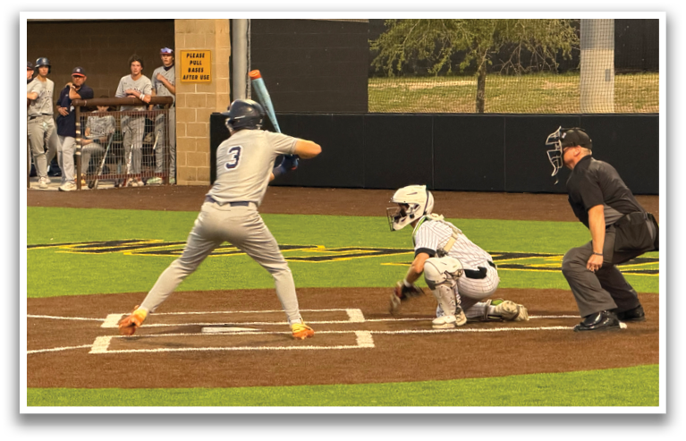A baseball player is swinging a bat at a ball, while a catcher and an umpire watch. Contenido generado con IA