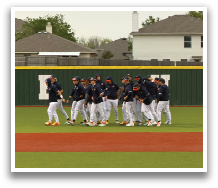 Baseball players huddled on the field. Contenido generado con IA