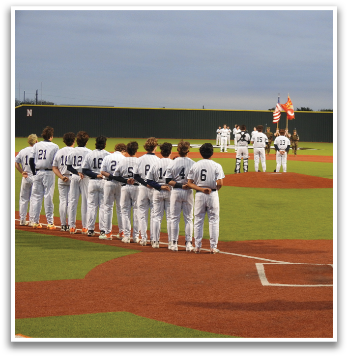 A baseball team is lined up on the field, with a man in the center holding a baseball bat. Contenido generado con IA