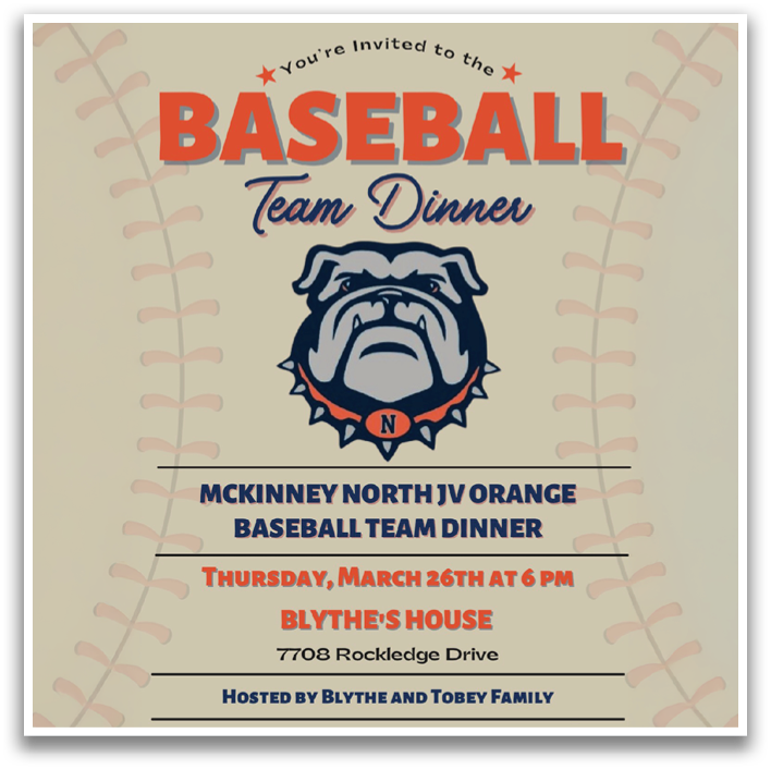 A baseball team dinner invitation for March 26 at 6 pm at Blythe's house. Contenido generado con IA