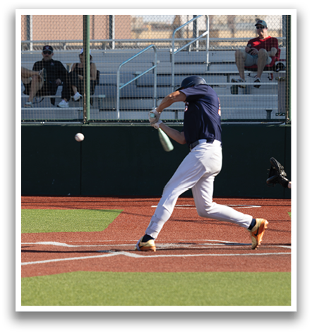A baseball player is swinging a bat at a ball on a field. Contenido generado con IA