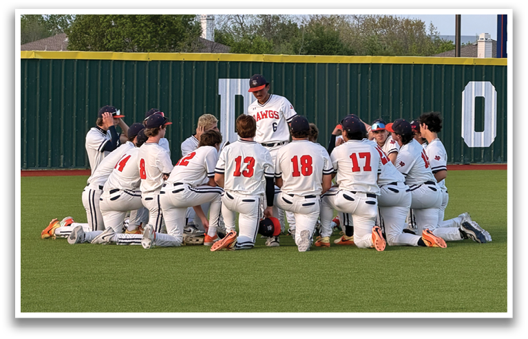 A group of baseball players kneeling on the field, with a coach giving instructions. Contenido generado con IA