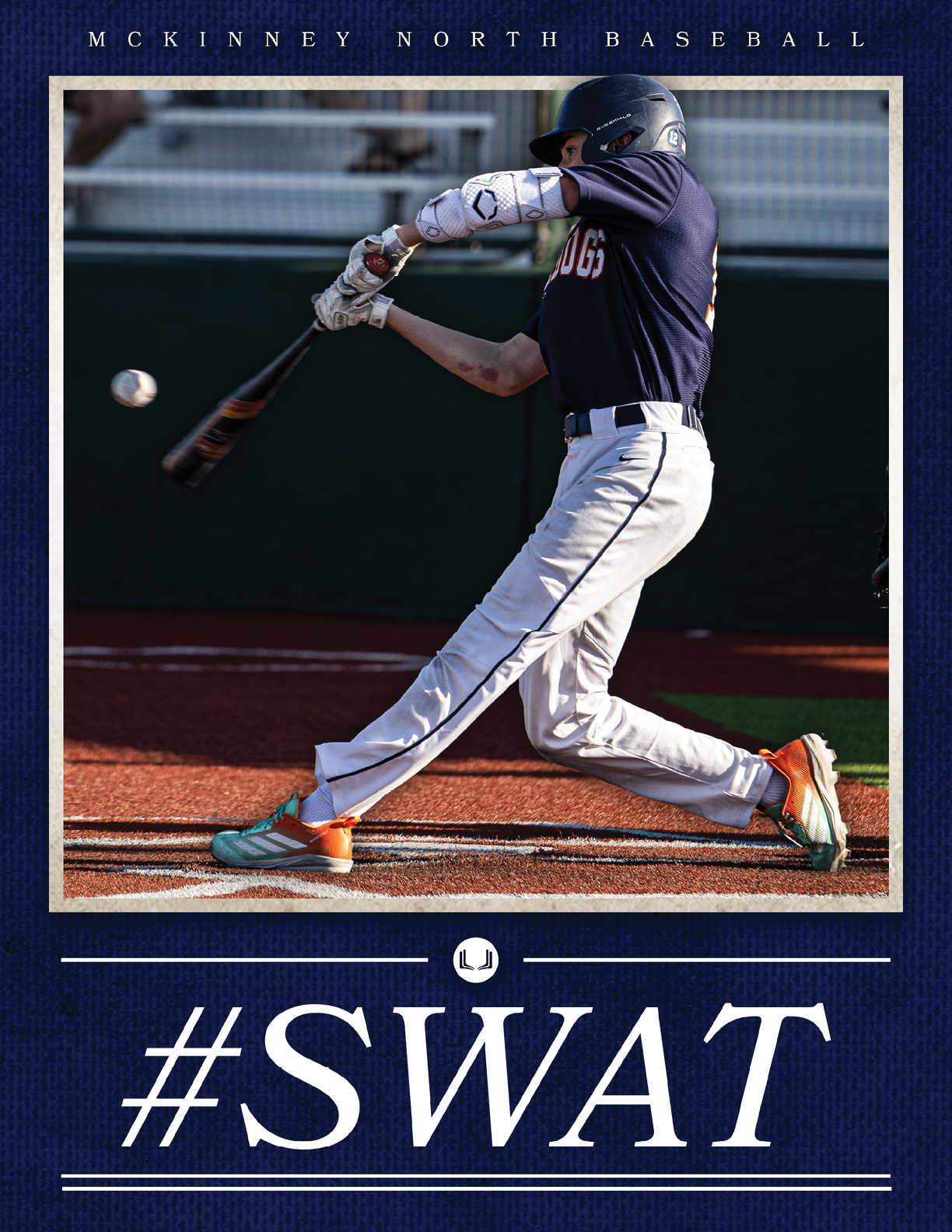 A baseball player in a blue shirt and white pants is swinging a bat at a ball. Contenido generado con IA