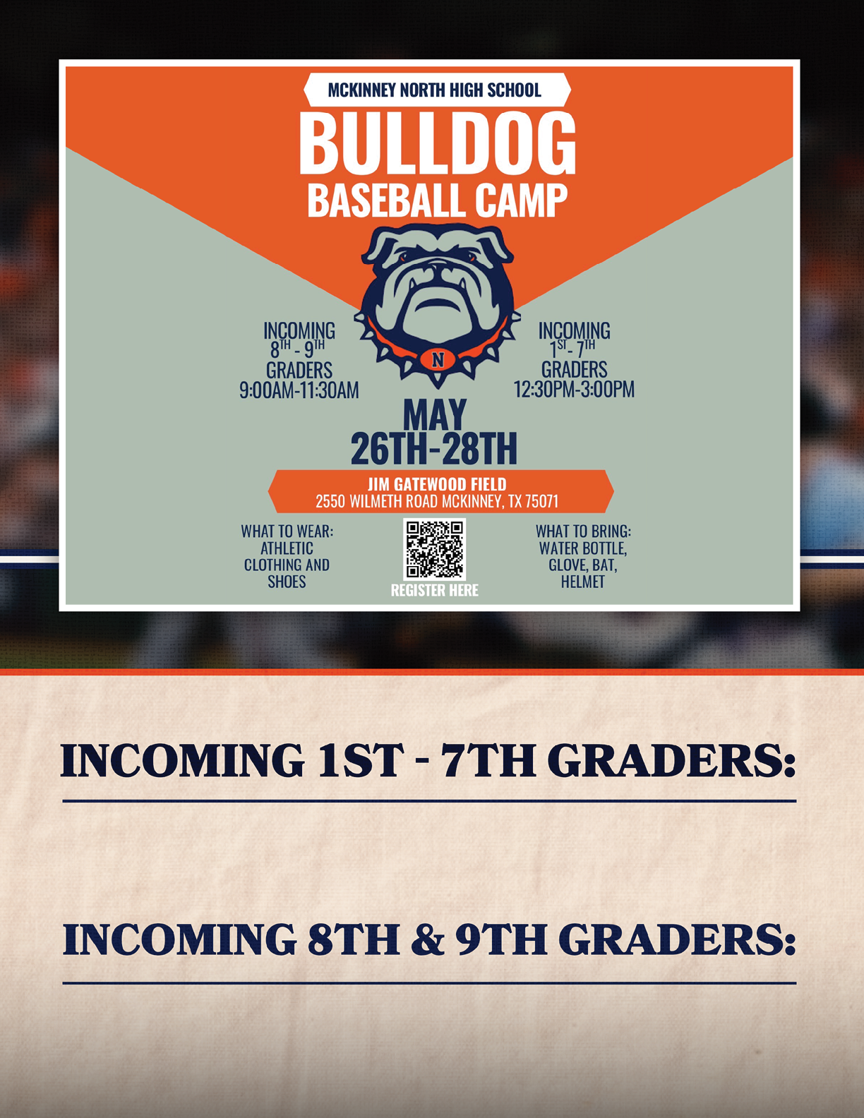 A flyer advertises a baseball camp for incoming 1st-7th graders. Contenido generado con IA